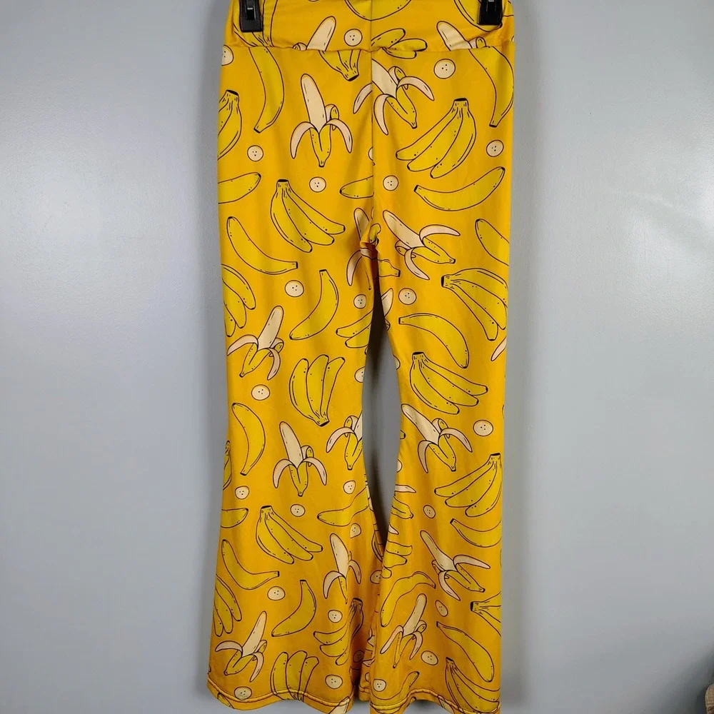 Womens SZ S Banana Print Flare Pants Yellow Fruit Kitsch Festival Bell Bottoms